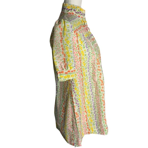 Vintage 70s Rainbow Floral Top S White Buttons Puff Sleeves High Neck - Picture 4 of 6